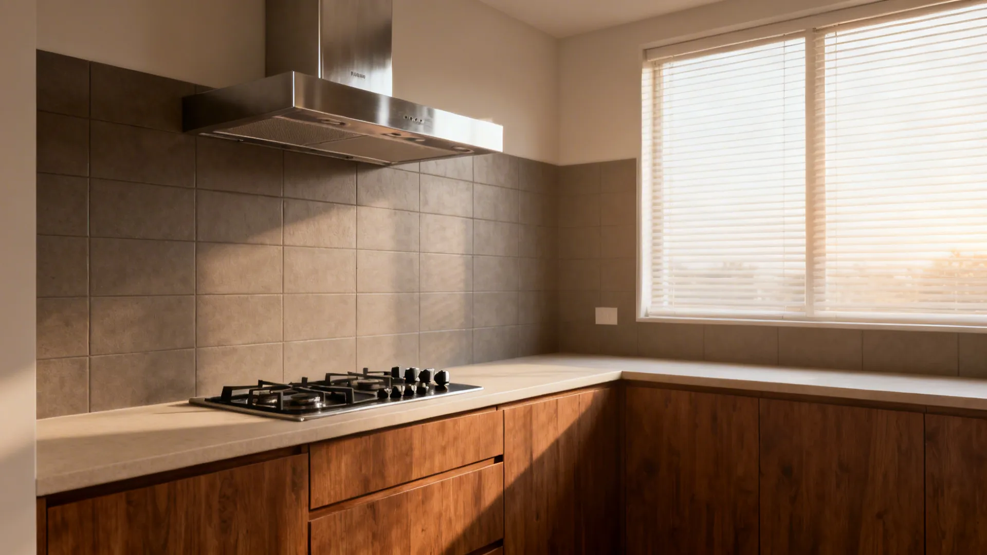 Cooktop set in the southeast corner with ducted hood, matte backsplash, and warm wood cabinets.
