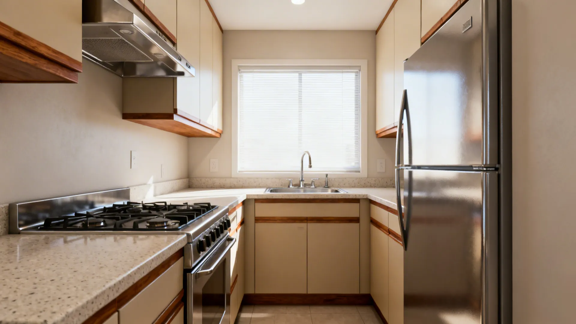Small L-shaped kitchen with a southeast cooktop and efficient work triangle.