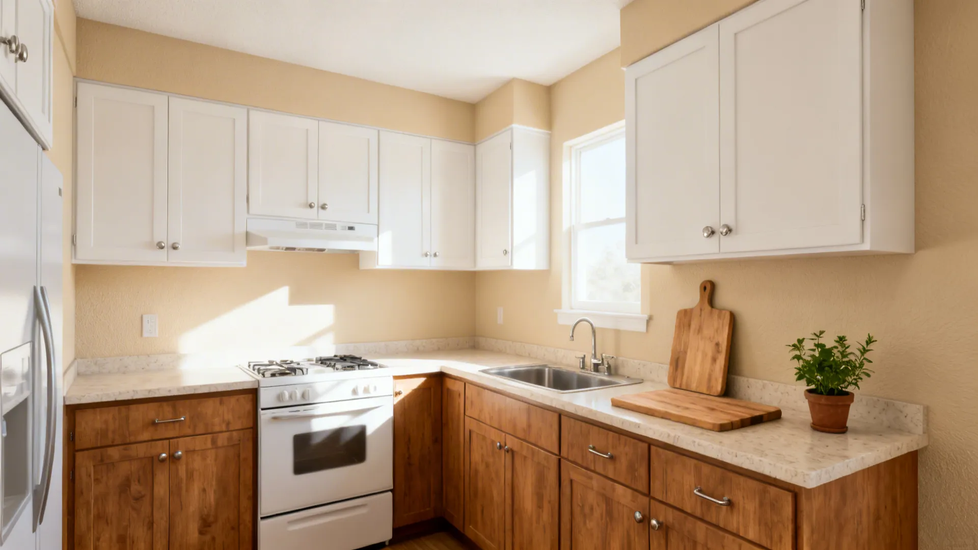 Southeast kitchen with almond-beige walls, oak base cabinets, and soft daylight.