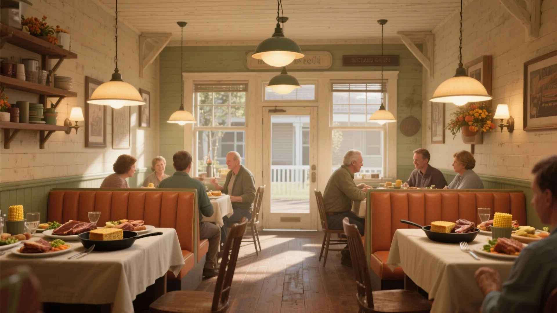 Southern style restaurant with people eating at booths under green ceiling lights and warm sunlight