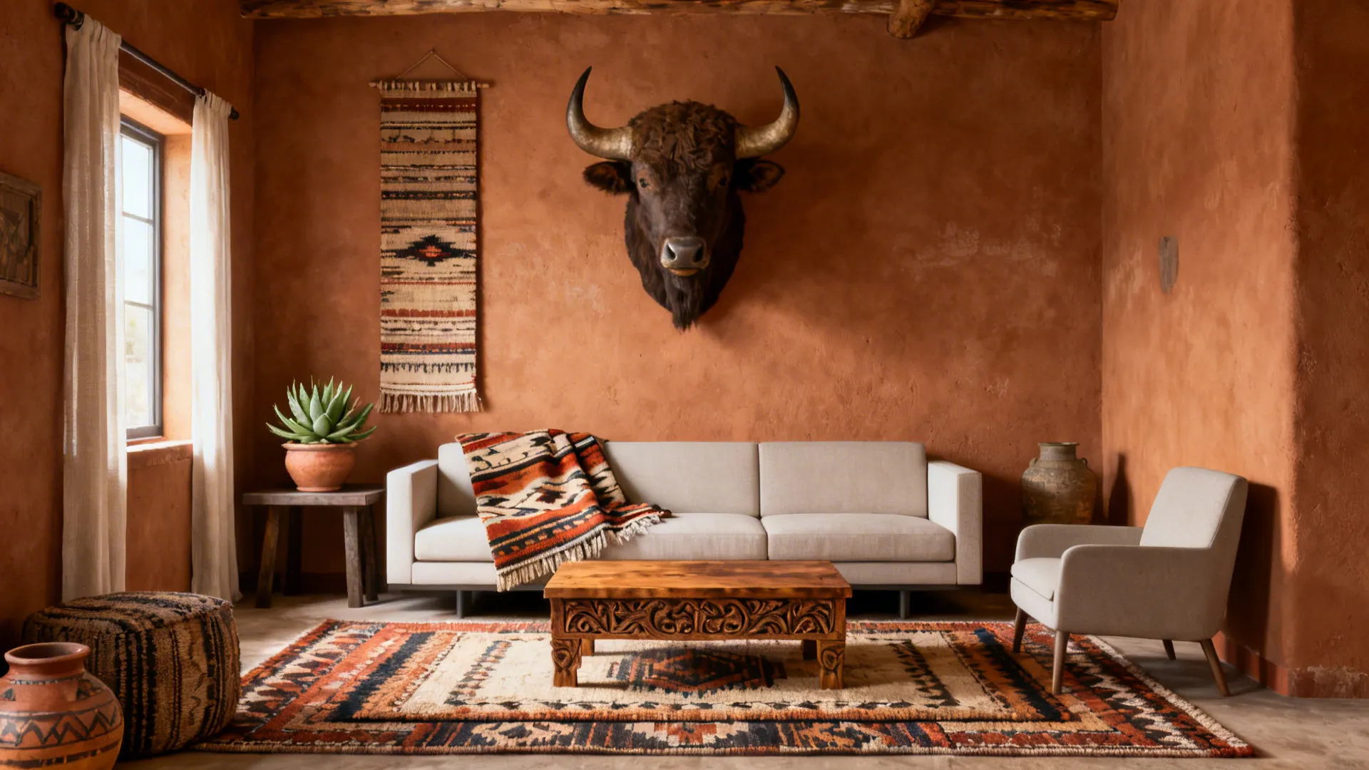 Southwest living room with terracotta walls cream sofa bull head wall decoration and tribal rug