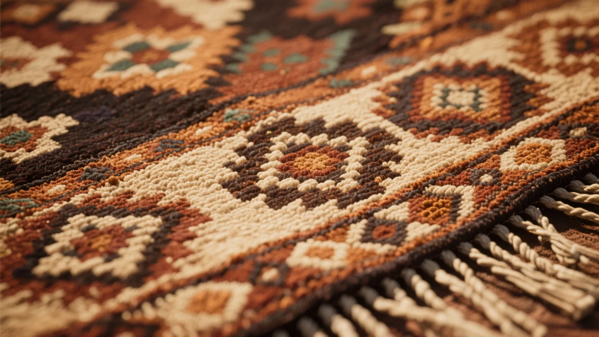 Close up view of a woven area rug with brown orange and cream geometric patterns
