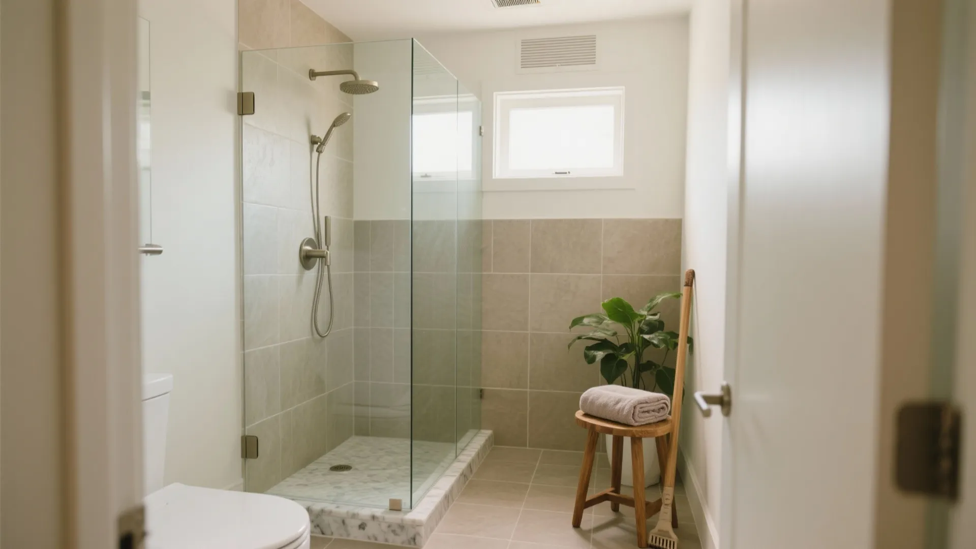 Modern bathroom interior with glass shower door toilet wooden stool green plant and beige wall tiles