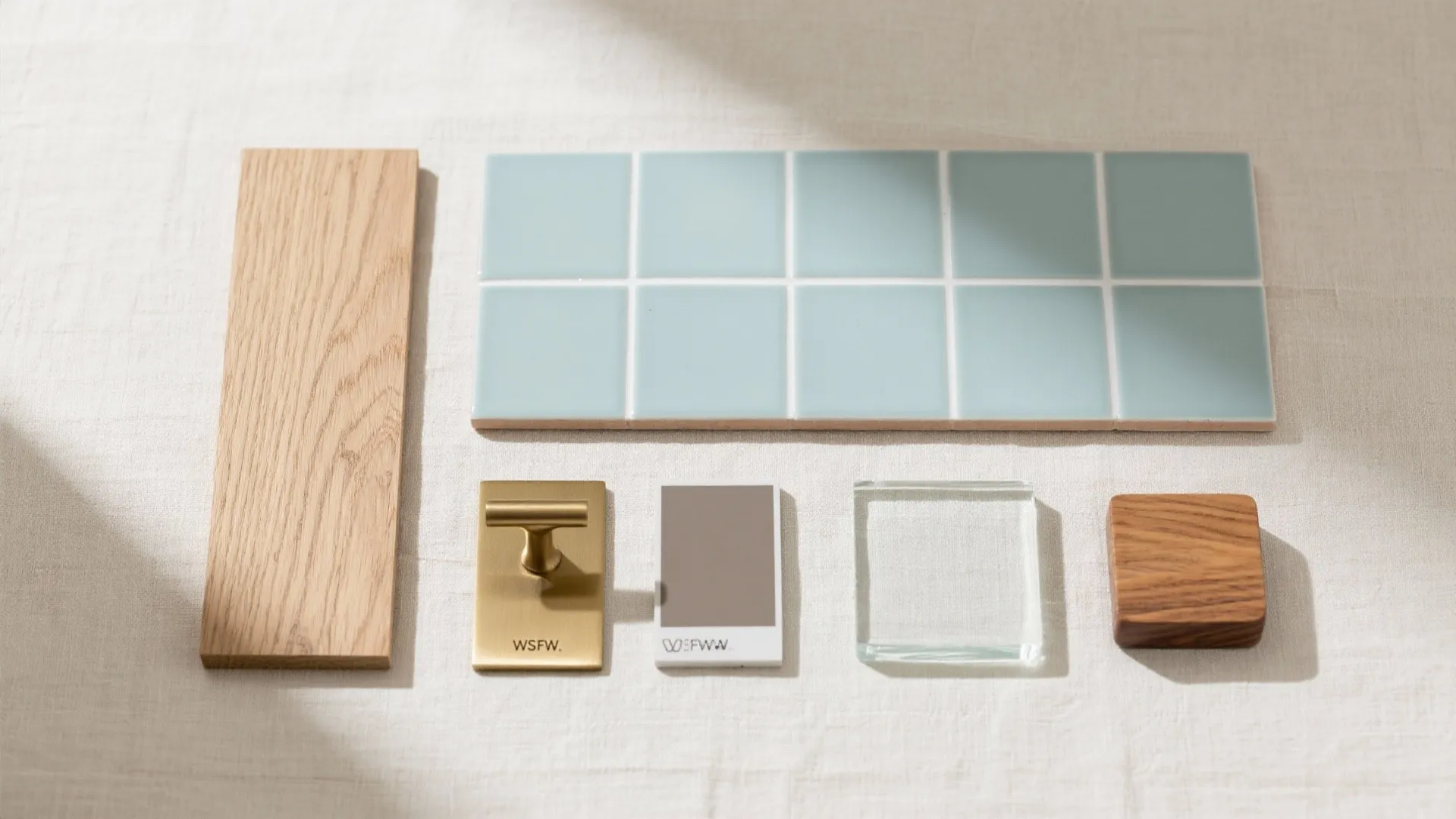Interior design samples including wood planks blue wall tiles gold handle and a color swatch