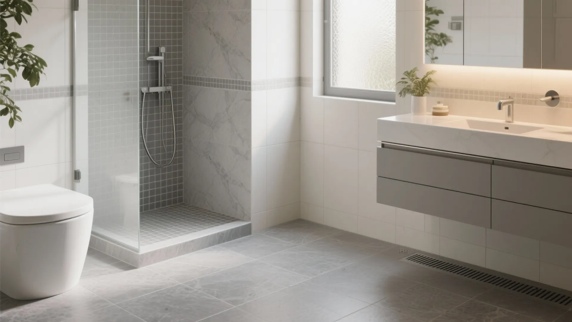 Modern bathroom interior with glass shower white toilet grey sink cabinet and grey stone floor