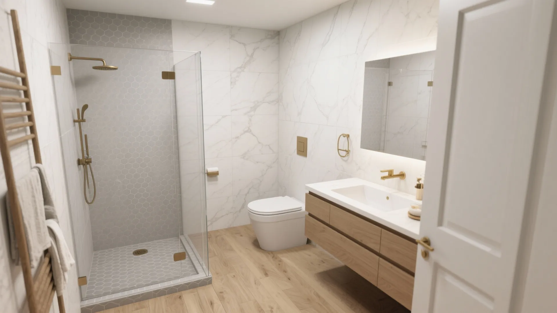 Bright bathroom interior with marble walls wooden floor glass shower door and white floating sink cabinet