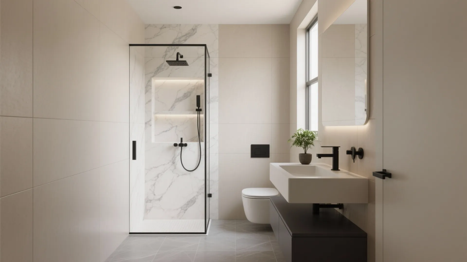 Bright modern bathroom with marble glass shower stall white floating sink toilet and wall mirror