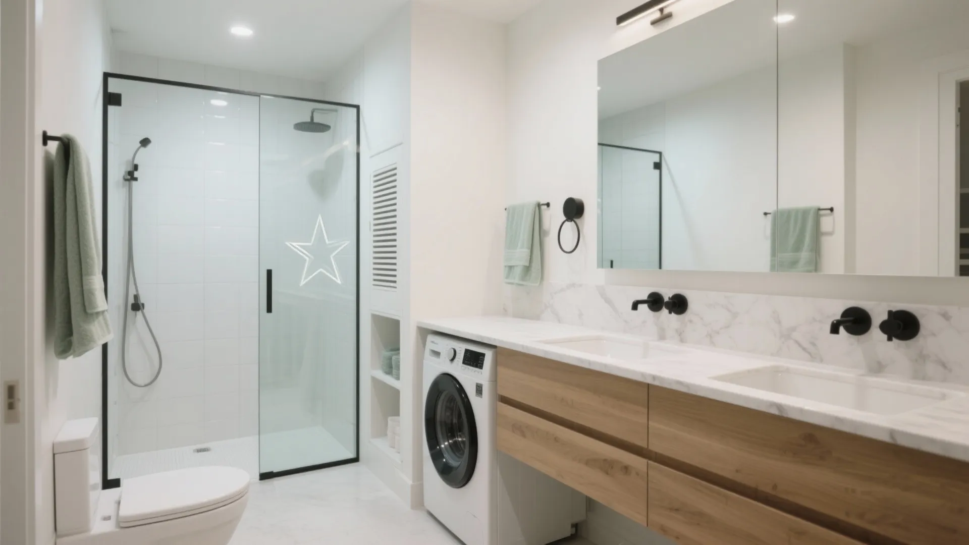 Bright bathroom featuring glass shower door toilet white washing machine and wooden vanity with double sinks