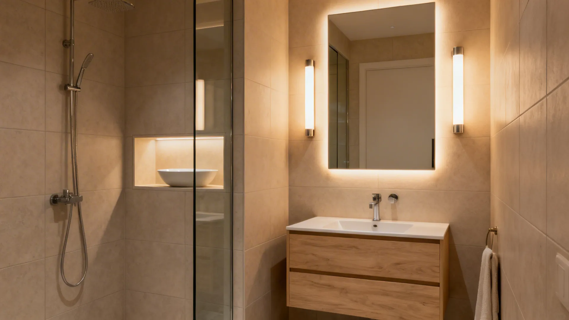 Small bath with backlit mirror, vertical sconces, recessed niche, and frameless glass.
