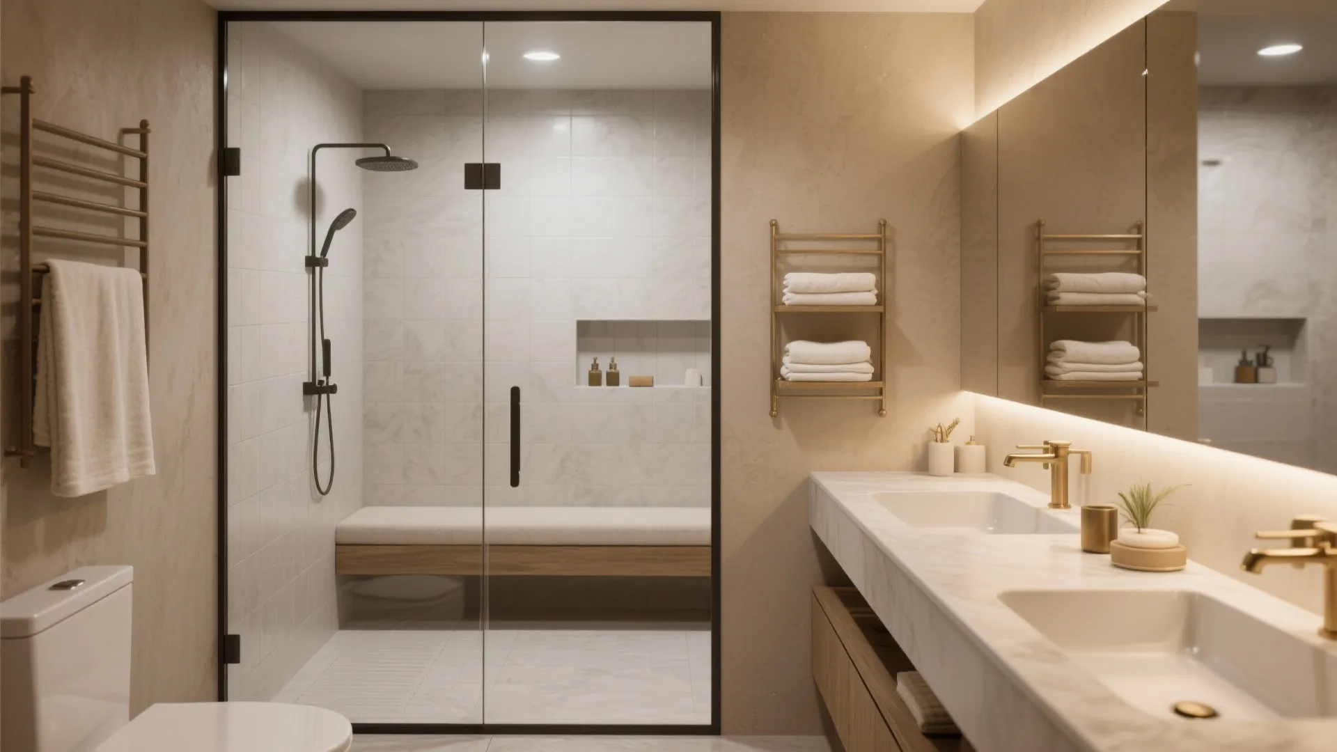 Spa-like compact bathroom with walk-in shower, bench seating, and double vanity