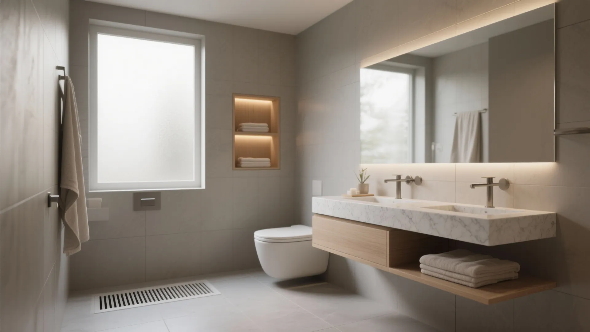 Spa‑calm bathroom with tactile minimalism