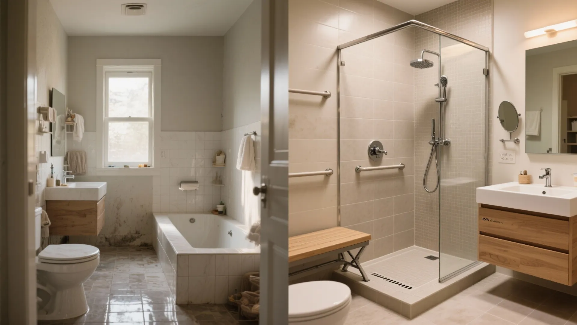Before and after comparison of an old bathroom updated with a modern glass walk-in shower