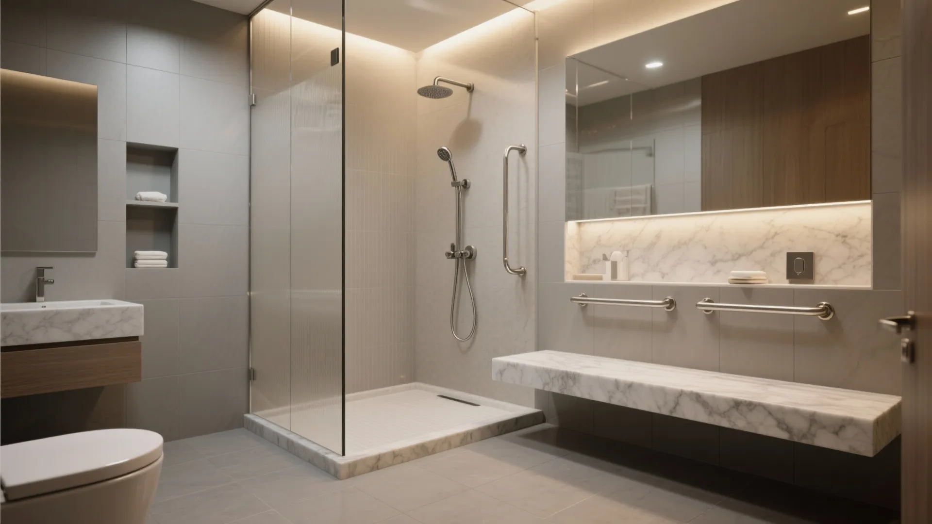 Modern bathroom featuring glass shower marble bench silver wall light metal handles and white toilet seat
