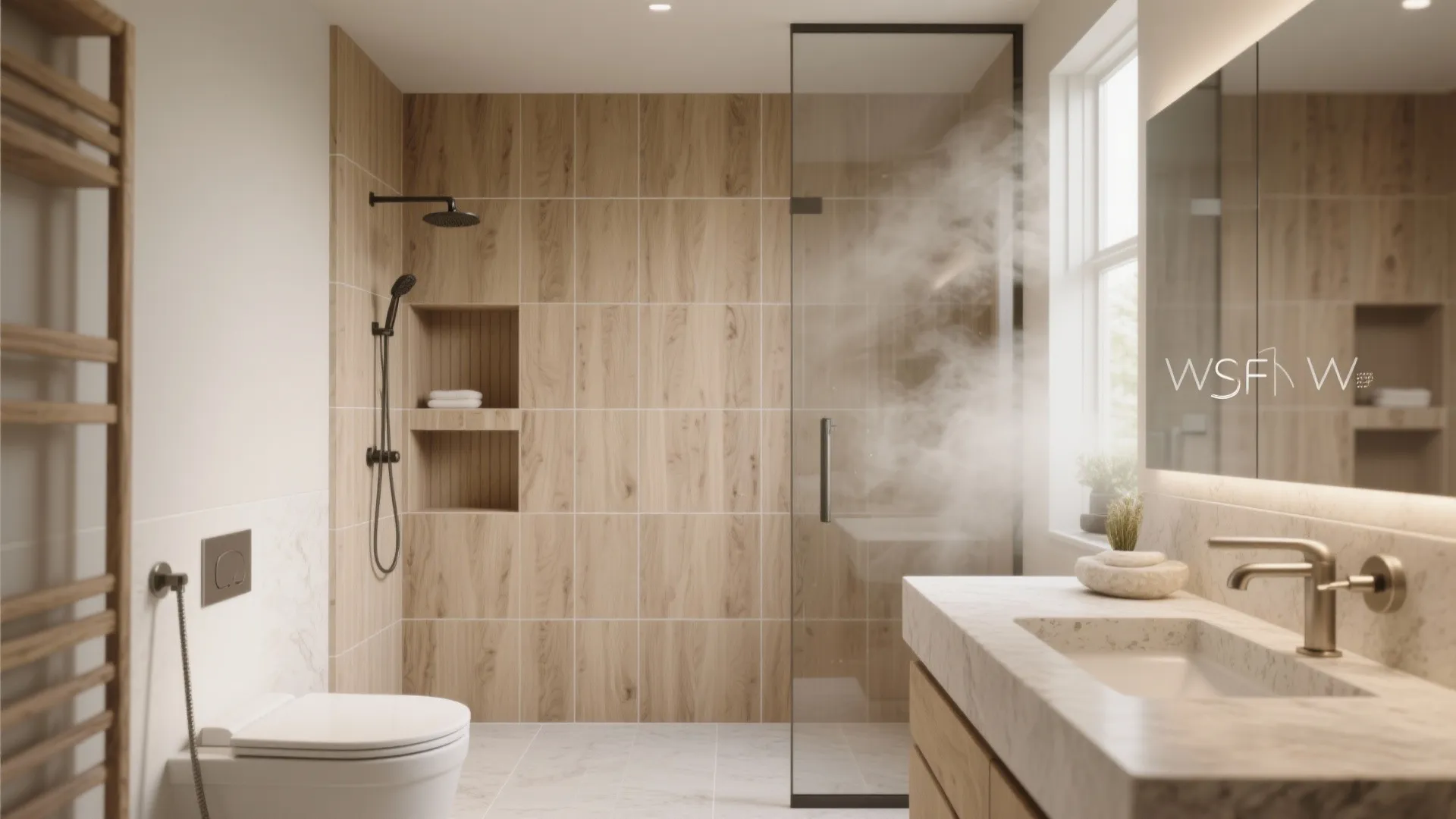 Wet-zone wise: spa bathrooms with wood effect tile walls