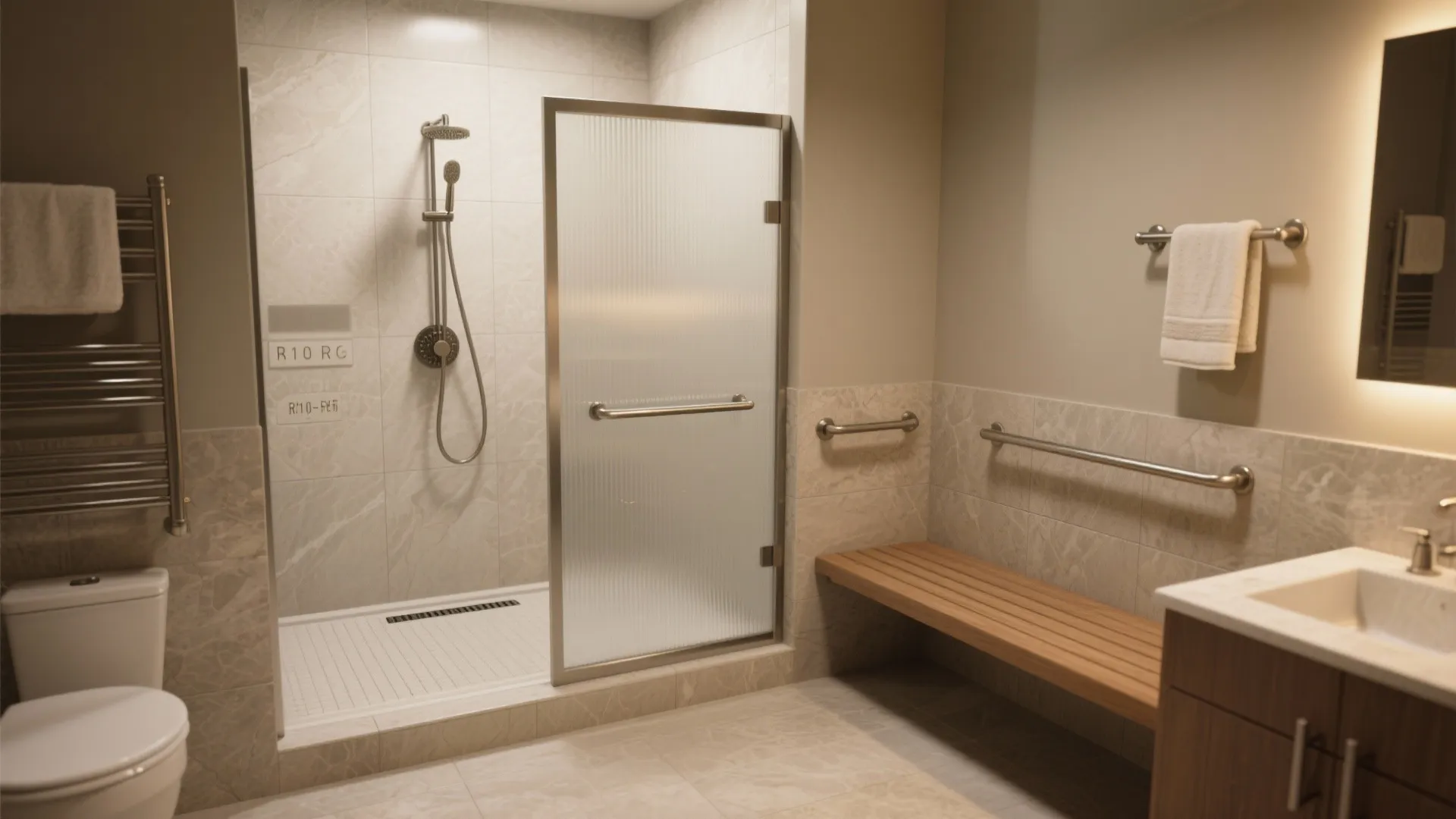Accessible bathroom with glass shower door, wooden bench, safety hand rails, toilet, and marble tiles