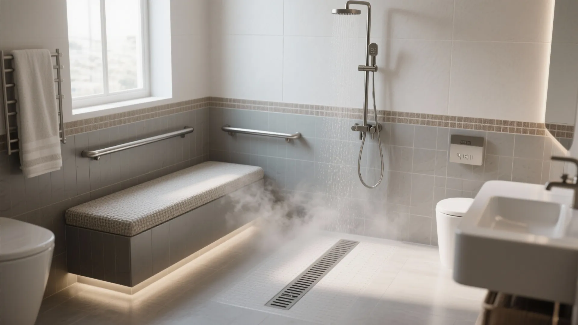 Modern bathroom design with steam shower metal grab bars long grey bench and white tiled walls