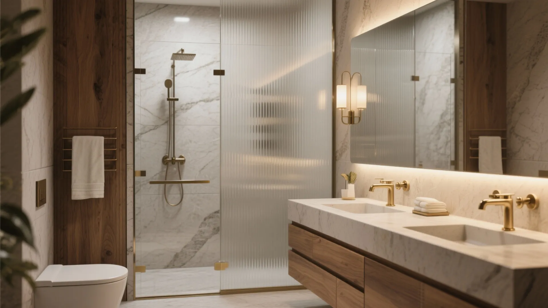 Spa Bathroom Calm: Glass, Warm Metals, and Soft Light