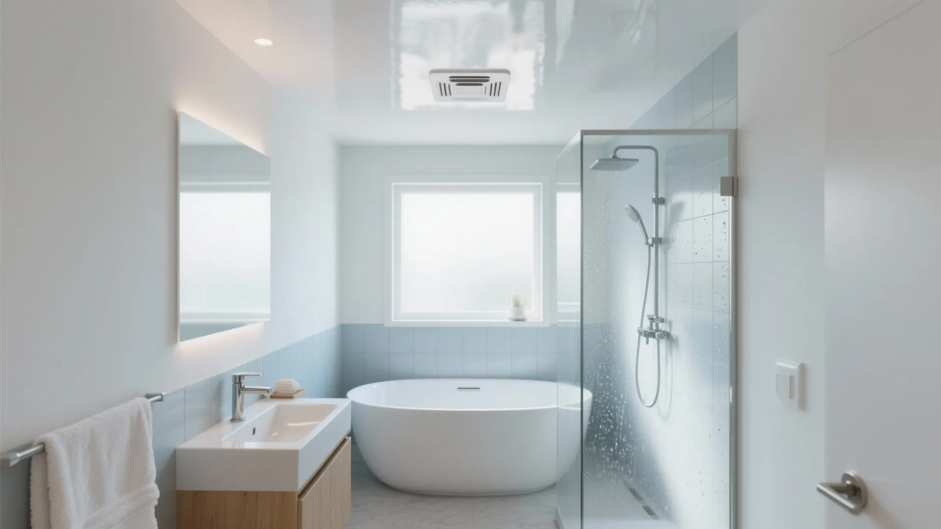 Modern bright bathroom featuring white bathtub glass shower cabin wooden sink cabinet and glossy ceiling light
