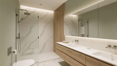 Modern Bathroom Design with Marble and Wood Accents