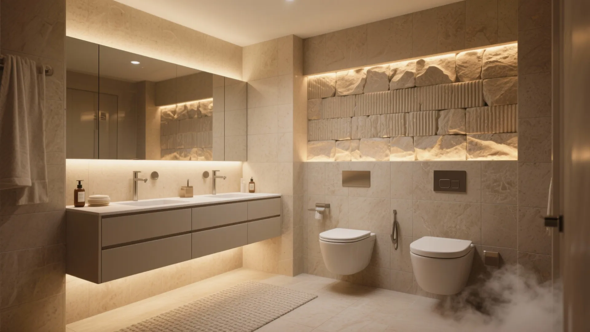 3) Spa-Calm Bathrooms with Stone, Light, and Storage