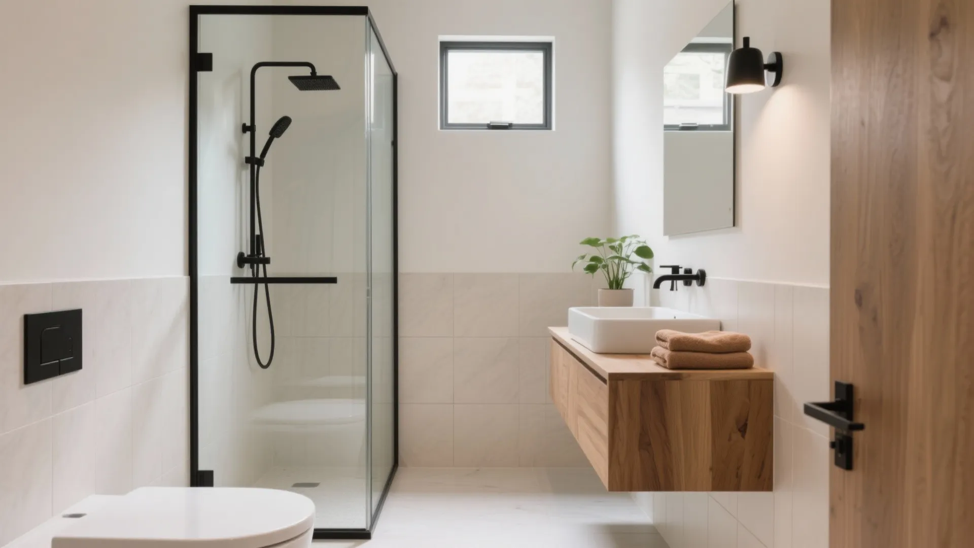 Modern bathroom with glass shower cabin wooden cabinet white sink wall light and white toilet