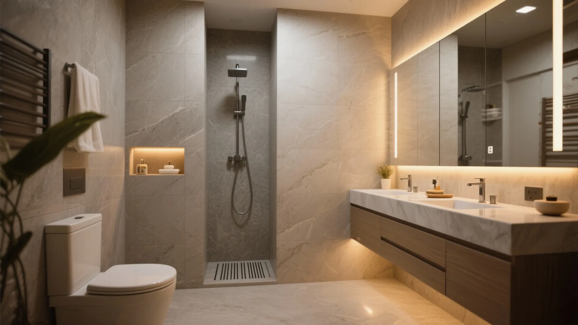 4) Spa-Like Bathrooms with Seamless Stone and Warm Lighting