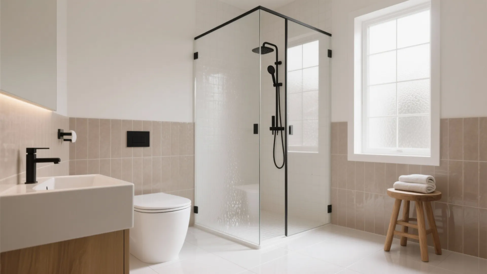 Modern bathroom with glass shower cubicle white toilet sink wooden stool and beige wall panels