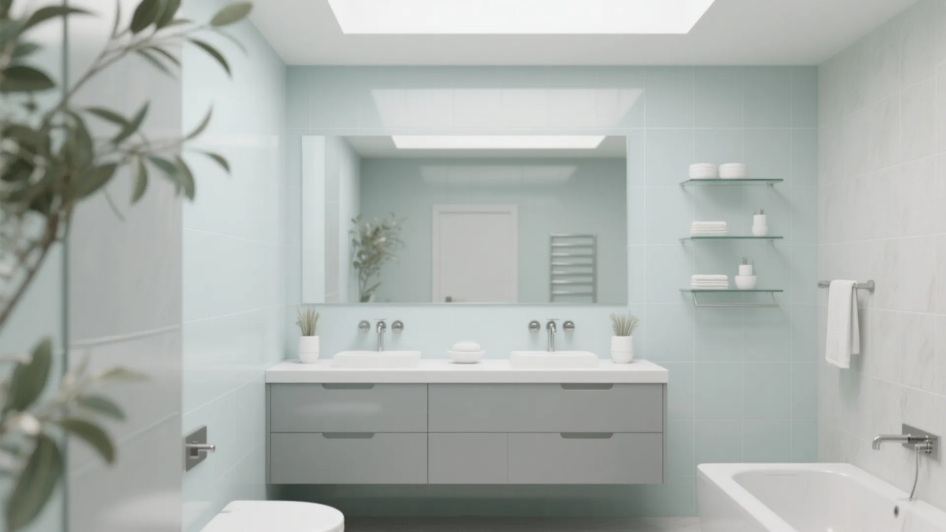 Light blue bathroom featuring double sinks large mirror grey floating cabinet bathtub and bright roof window