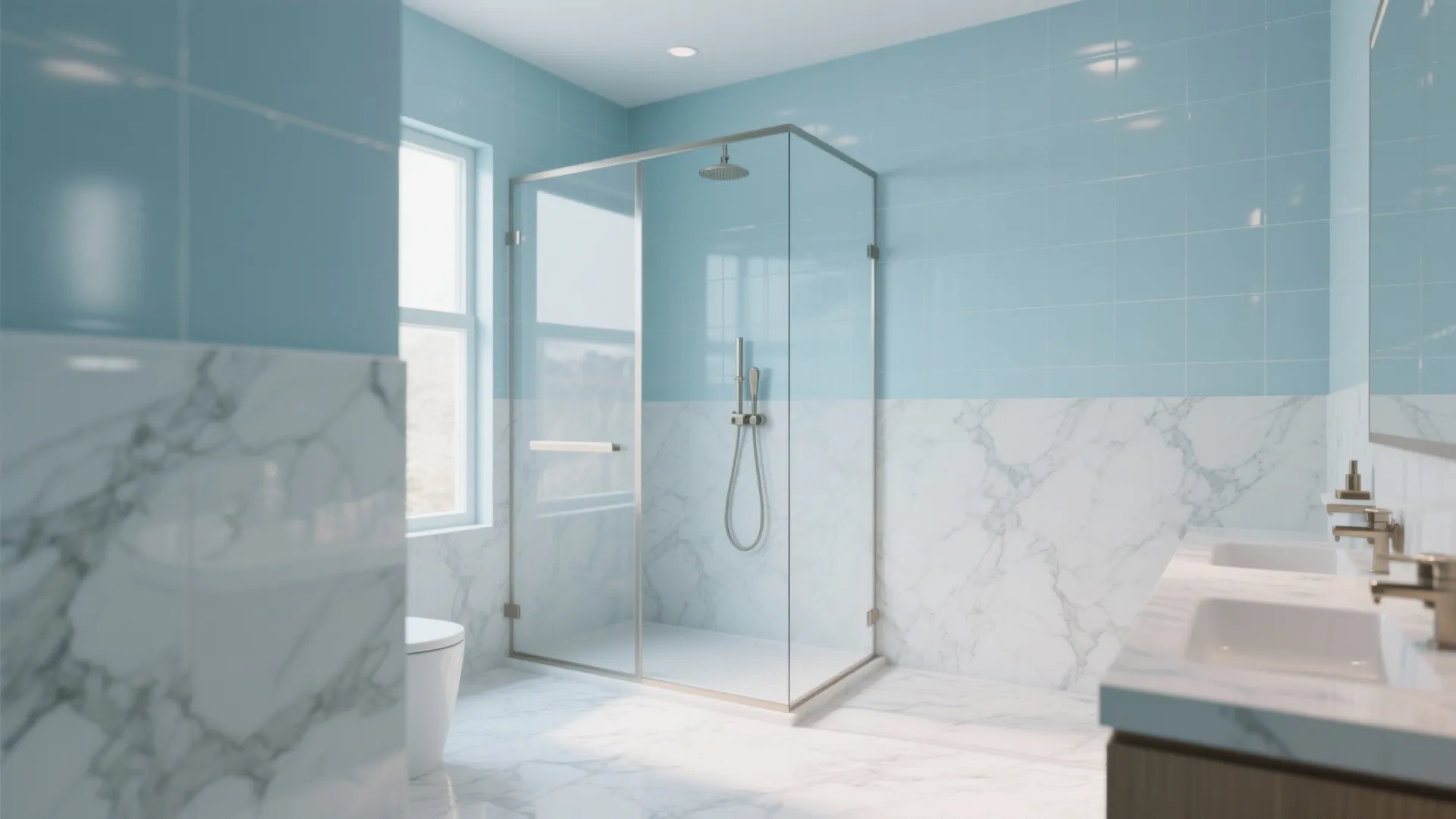 Bright bathroom featuring blue wall tiles marble panels glass shower door and double sink cabinet