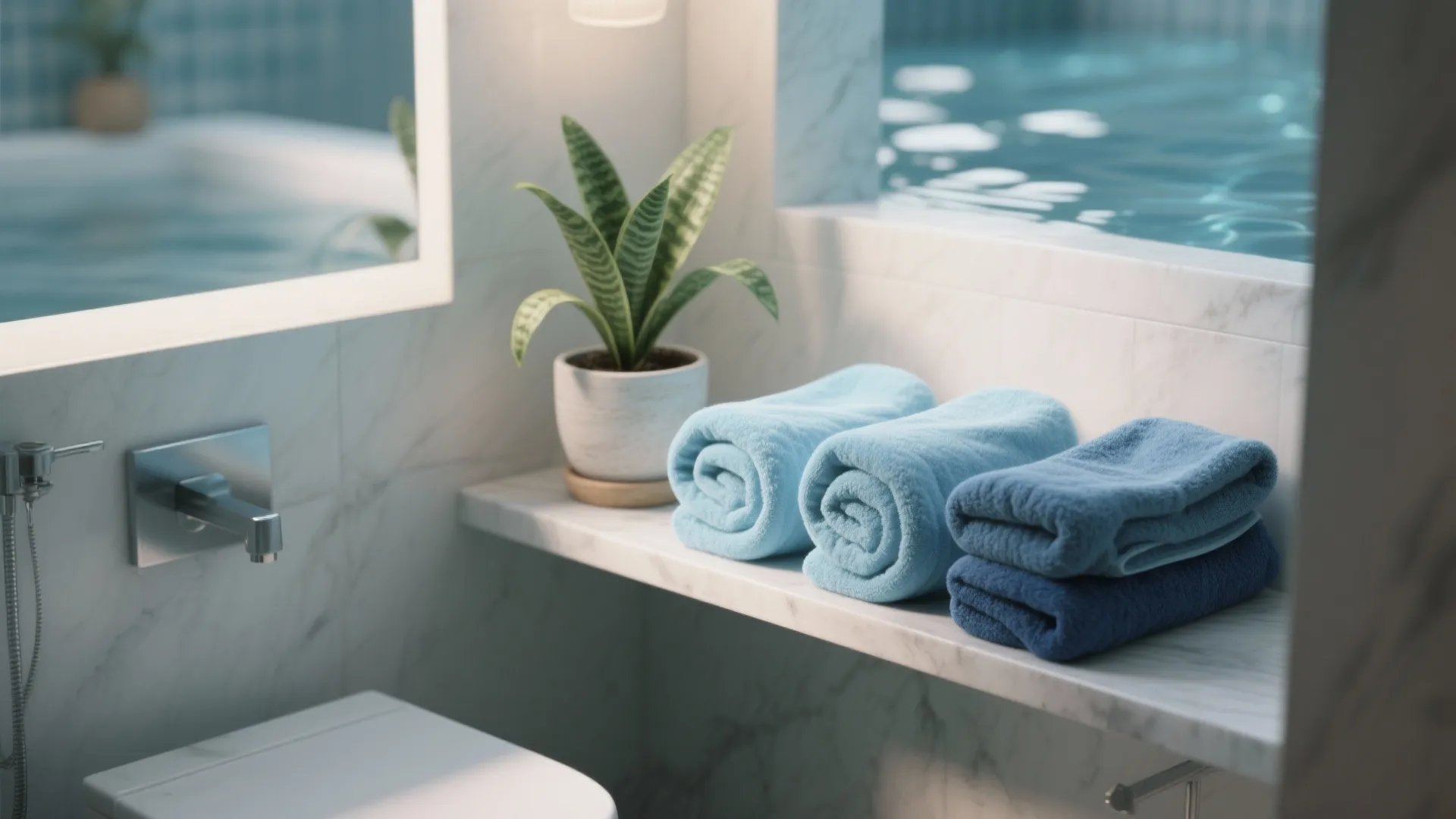 4. Create a mini spa vibe with layered blues and greenery