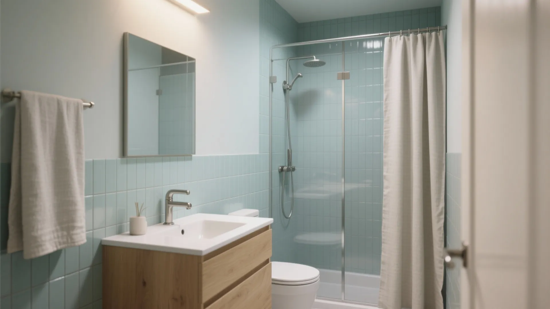 Bright bathroom featuring light blue wall tiles wooden sink cabinet glass shower door and white curtain