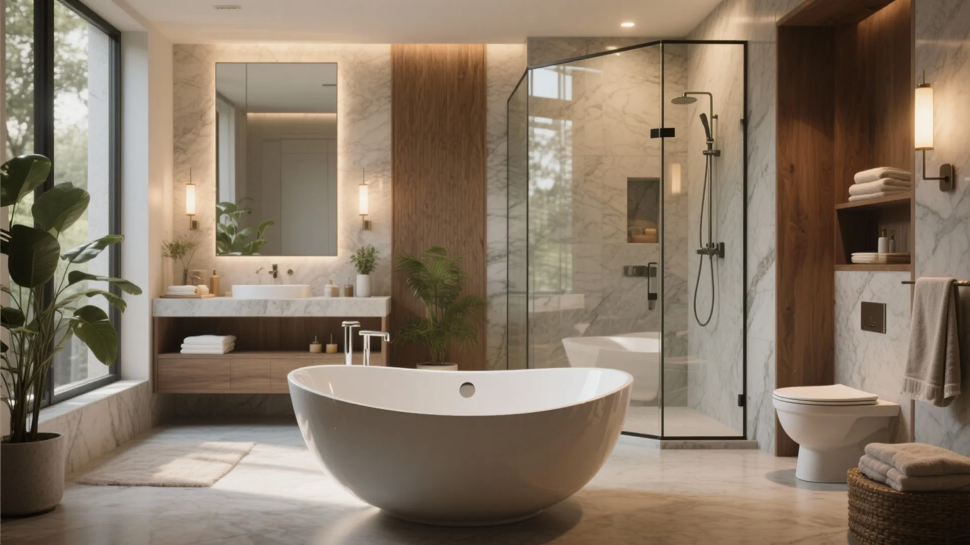 2. Spa-style layout with separate tub and large walk-in shower