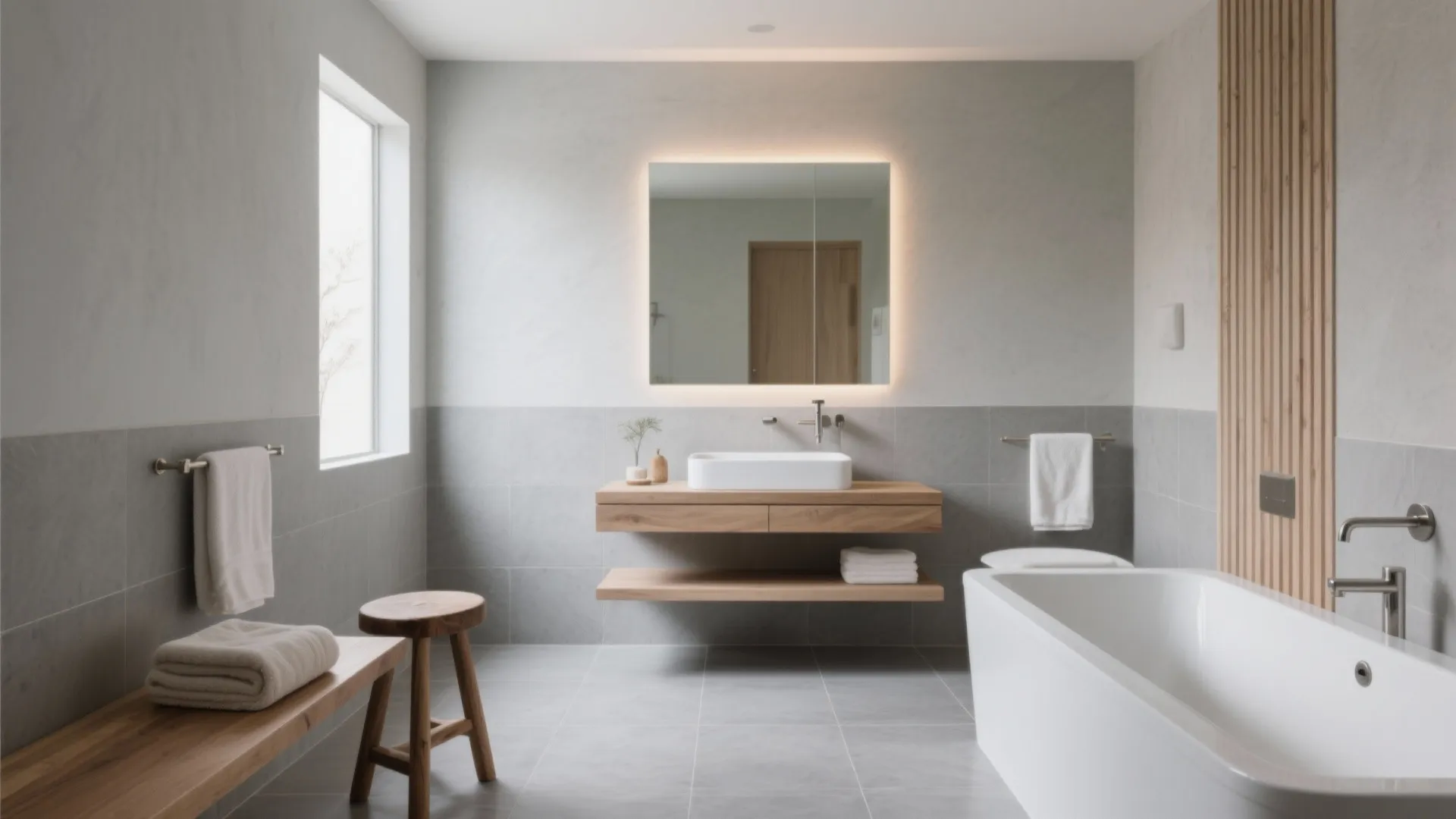 Minimalist bathroom with grey tiles wooden floating cabinet white sink bathtub and bright backlit mirror