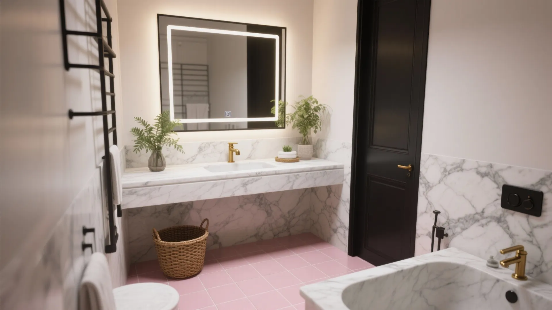 Modern bathroom with marble walls pink floor tiles white sink light up mirror and basket