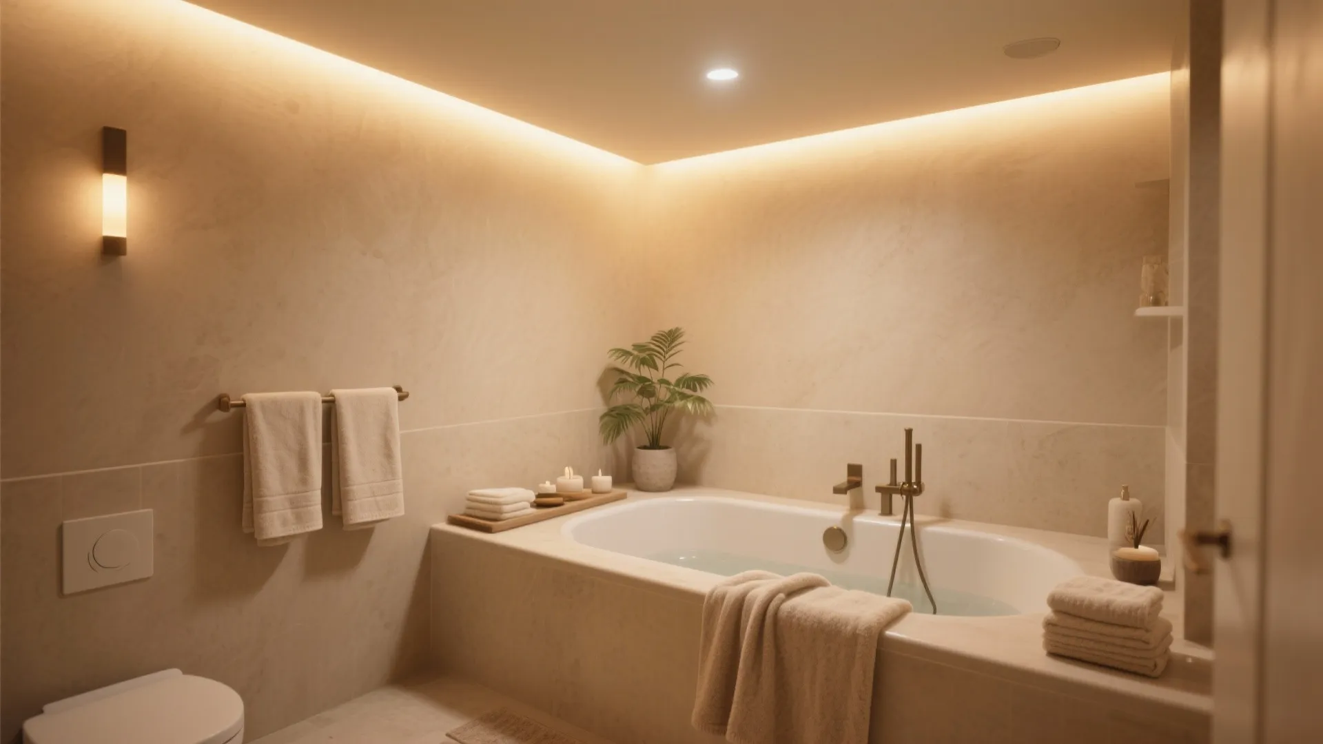 Warm bathroom interior with a white bathtub wall light green plant folded towels and candles