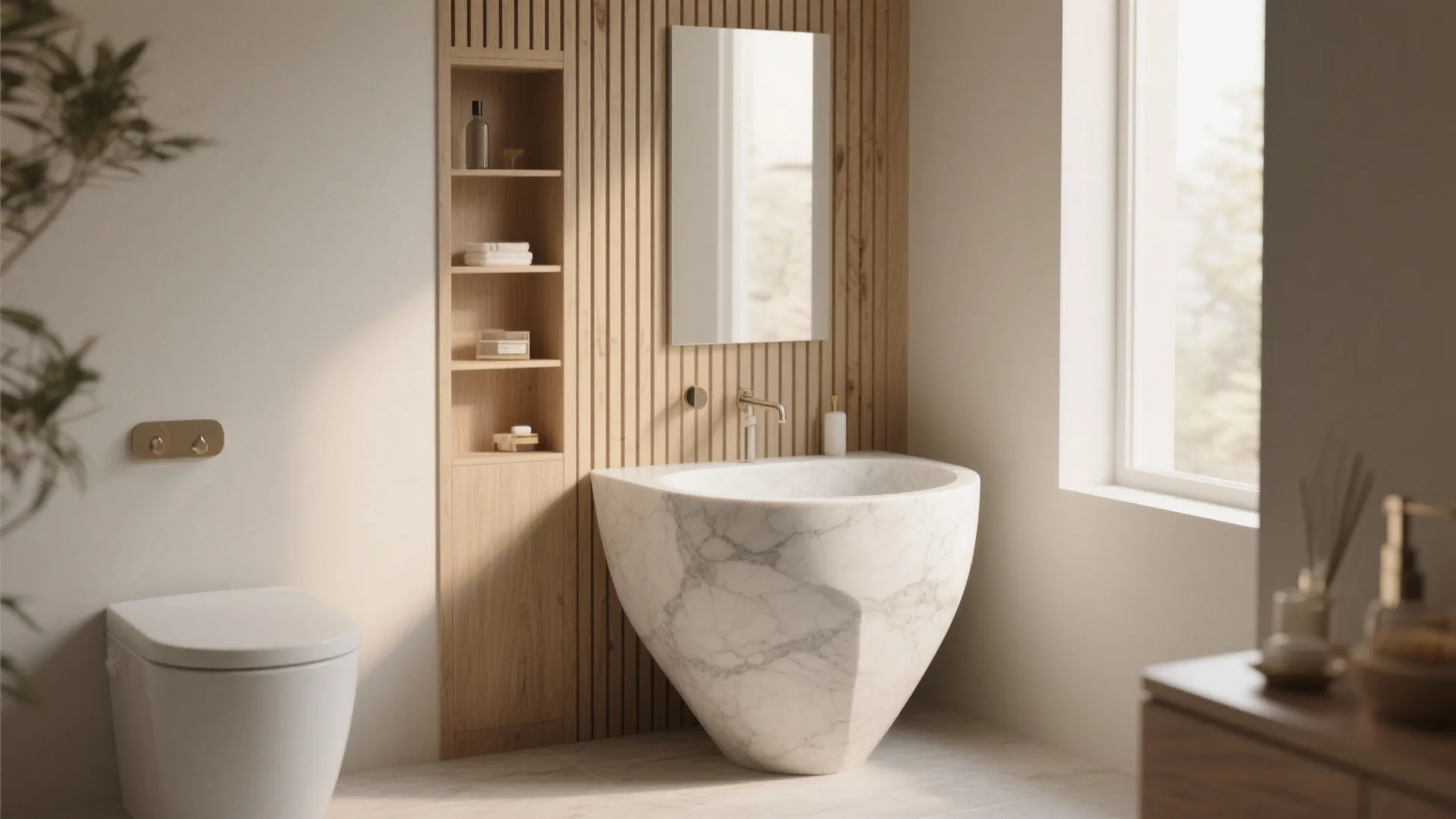 4. Spa Corner: White Stone Sink + Slatted Wood Panel