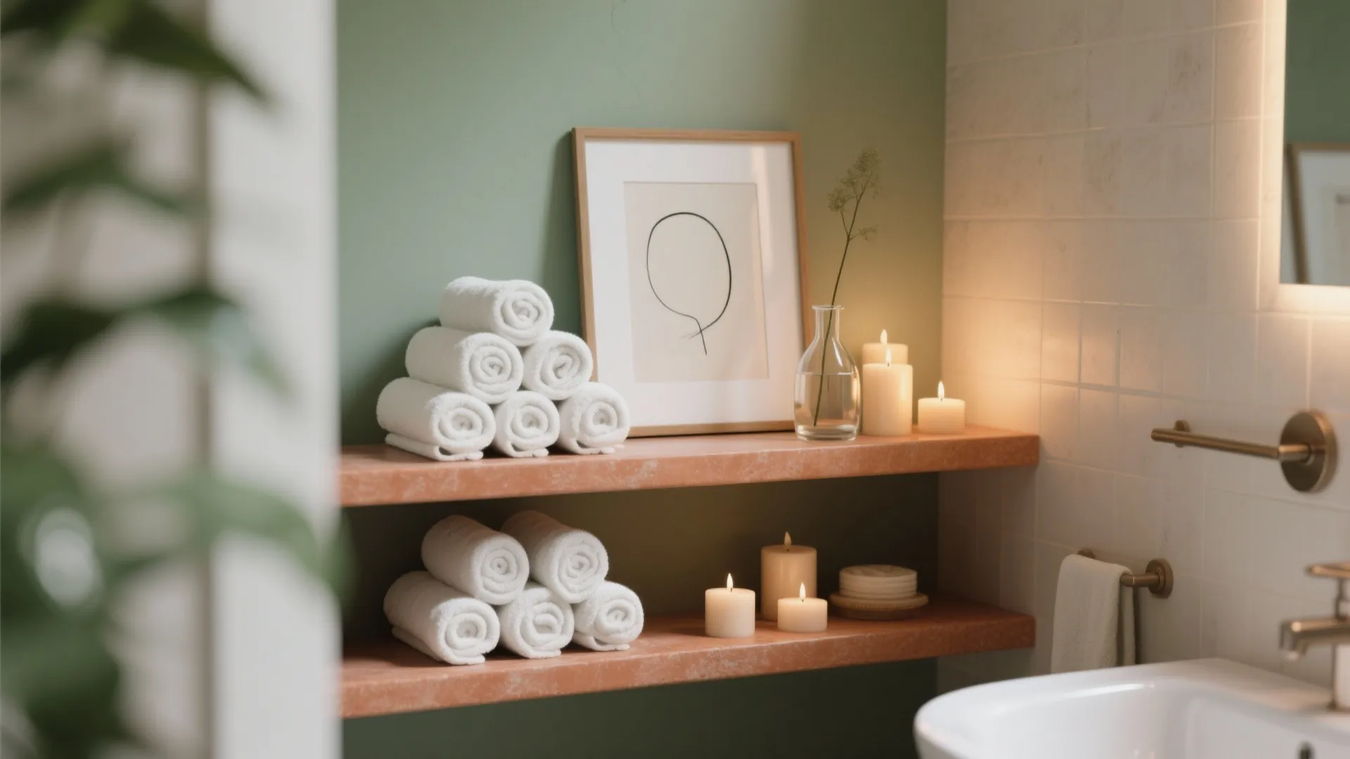 Relaxing spa bathroom corner with white rolled towels candles and framed art on wooden shelves