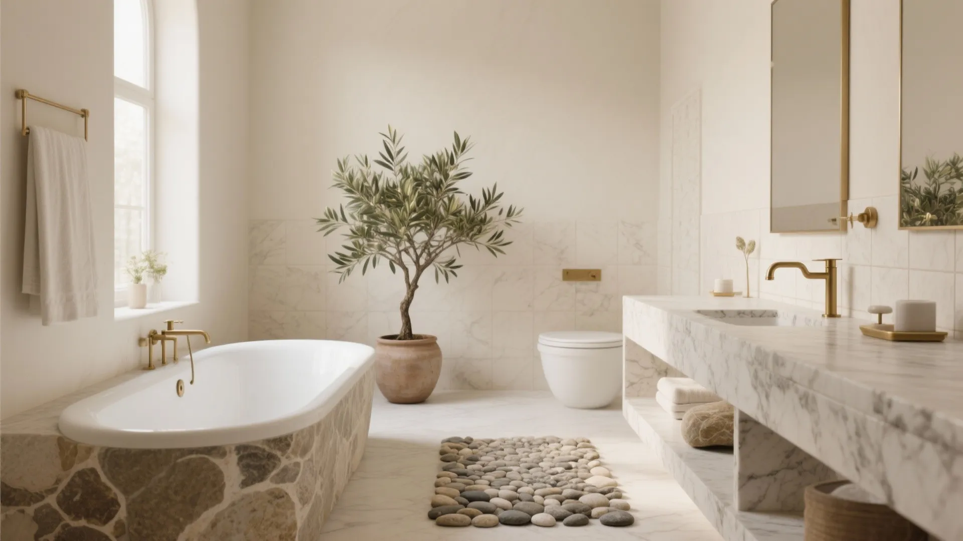 5. Spa Minimalism: Cream, Greenery, and Natural Stone
