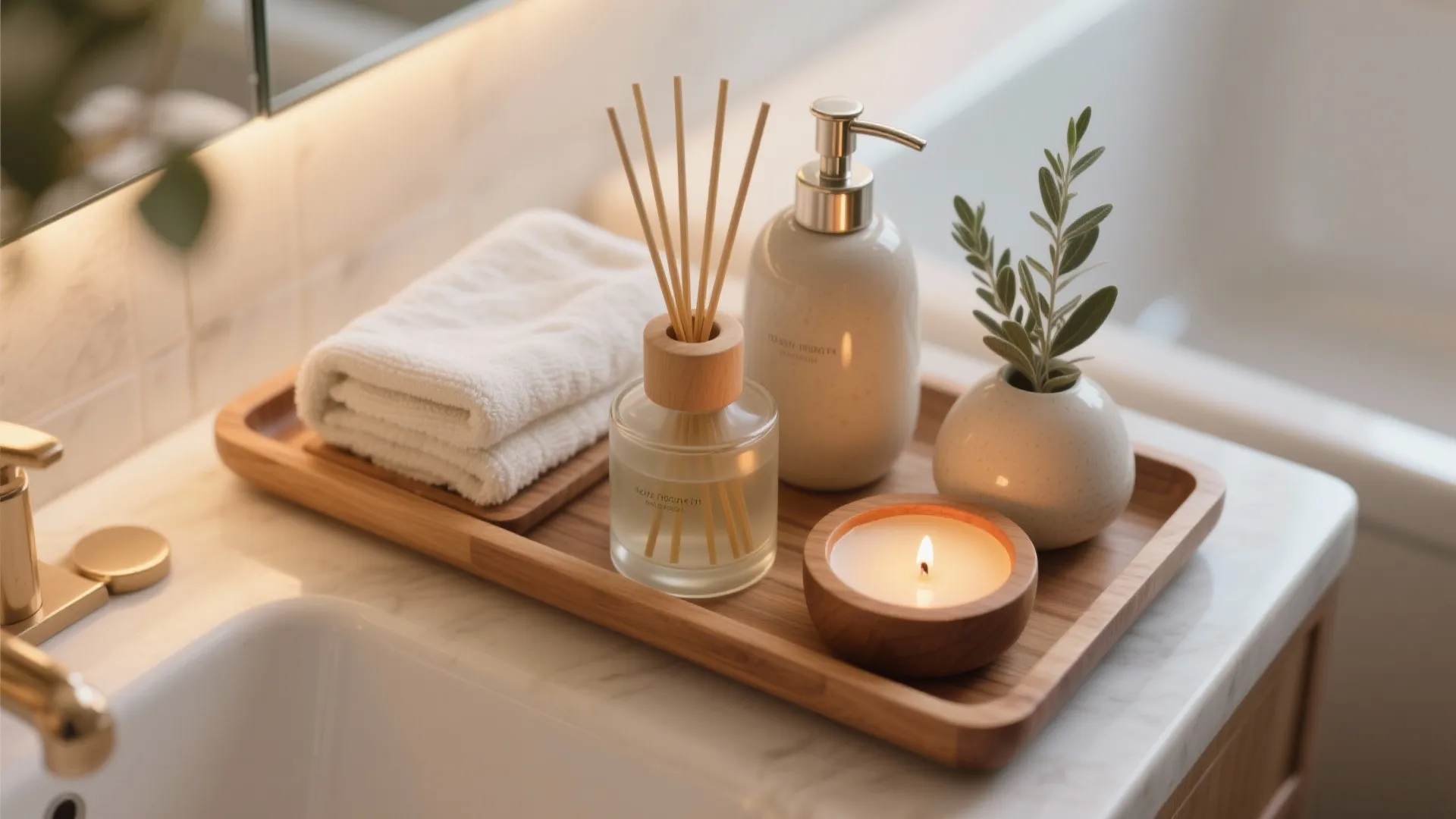 Wooden tray with candle and soap bottle and towel sitting on a white bathroom counter