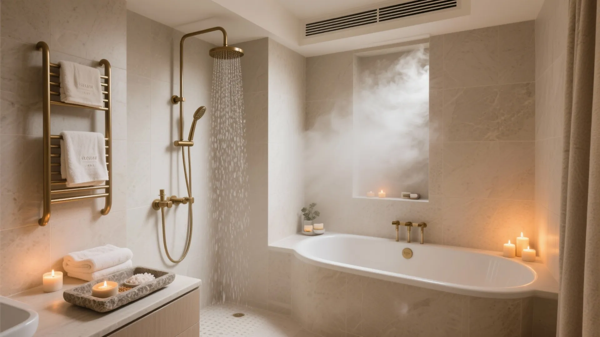 Luxury bathroom design with gold shower head running water next to white bathtub and candles