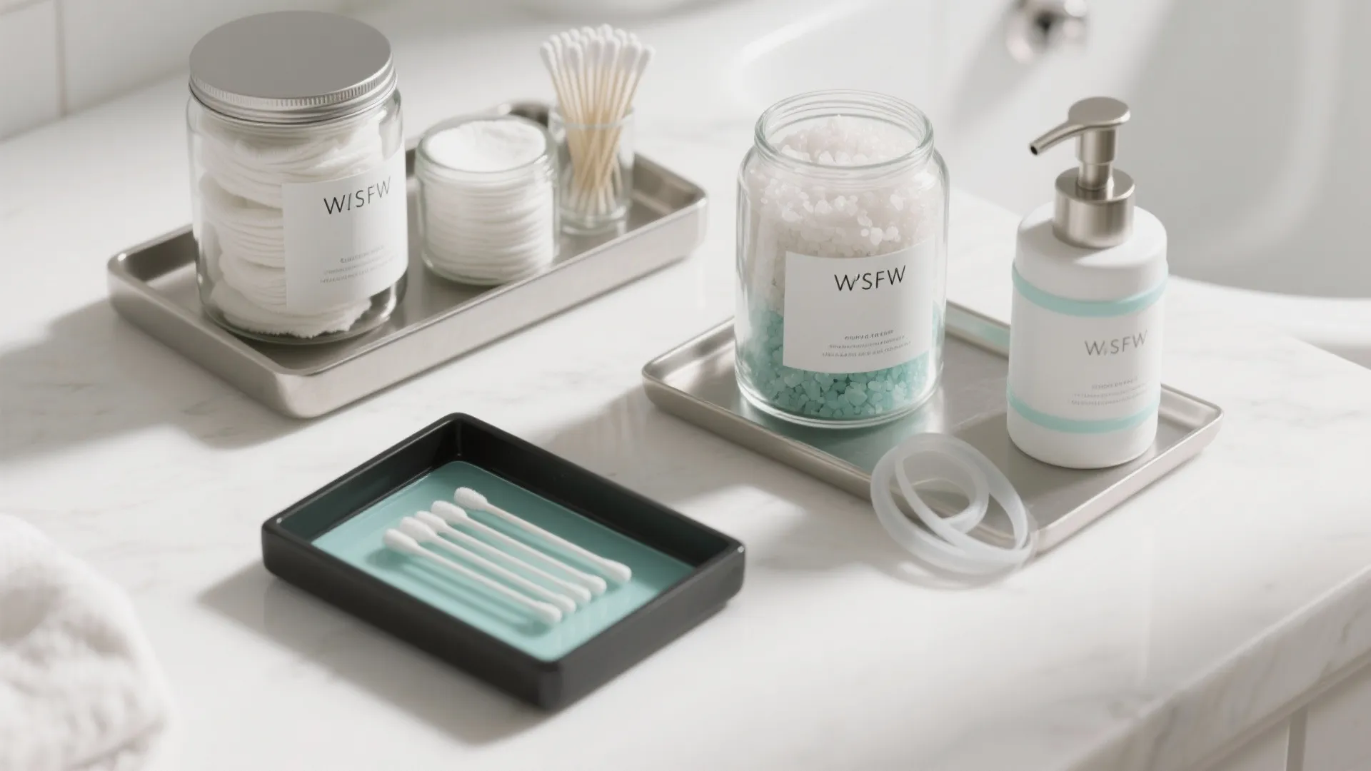 Bathroom counter with glass jars for cotton pads and bath salts near white soap bottle dispenser