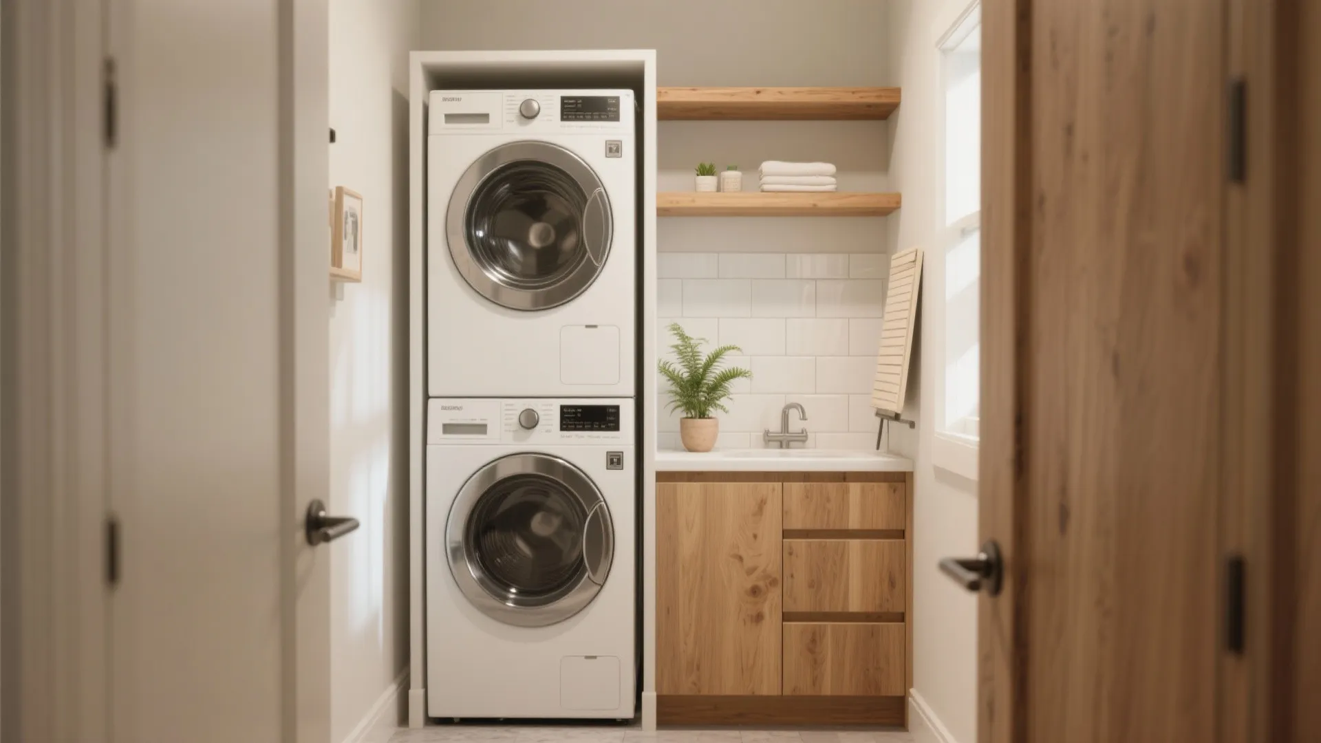 Modern small laundry room with stacked white washer dryer wooden cabinet shelves and white tile