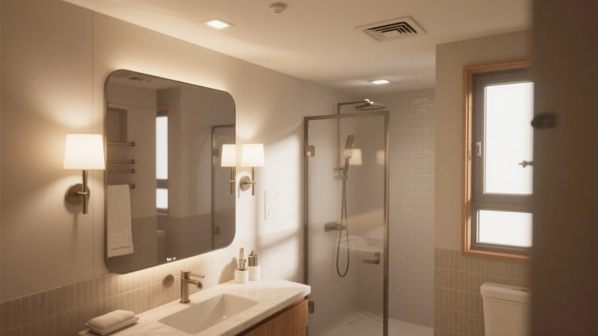 Modern warm bathroom with large wall mirror two wall lights white sink and glass shower