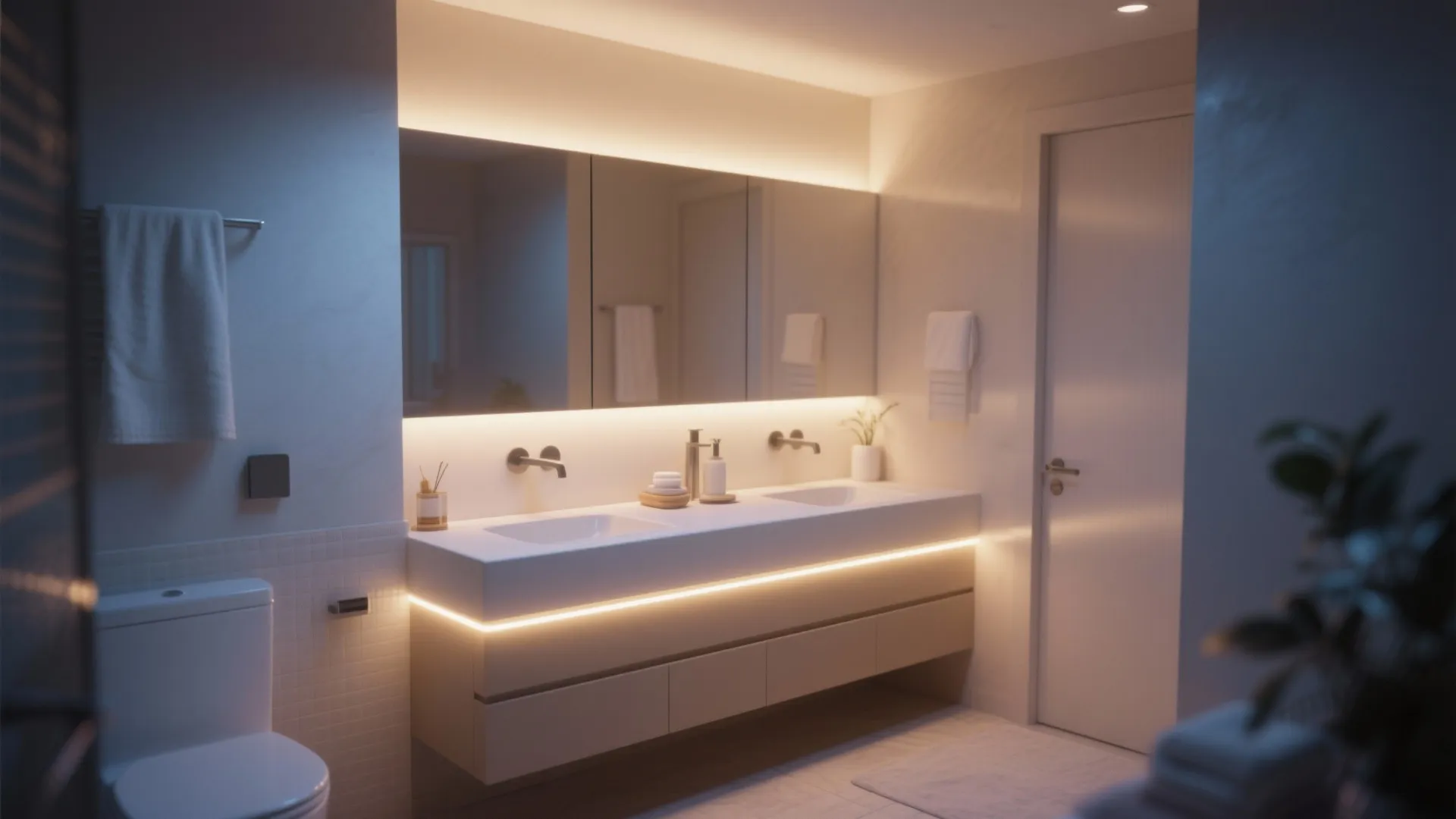 Modern bathroom with warm hidden light strips under a double sink and behind a mirror