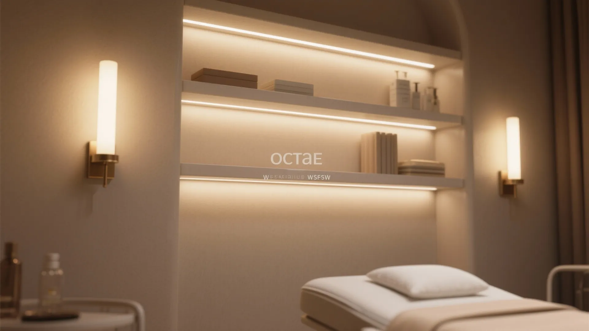 Warm spa room featuring wall lights backlit shelves storage for products and a white massage bed
