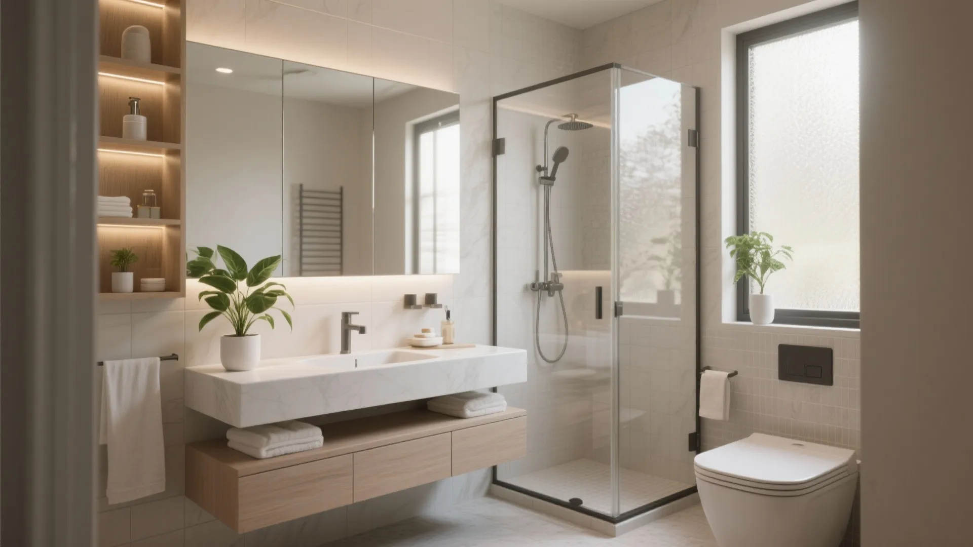 Modern bathroom with glass shower stall wooden cabinet white sink green plants and bright window