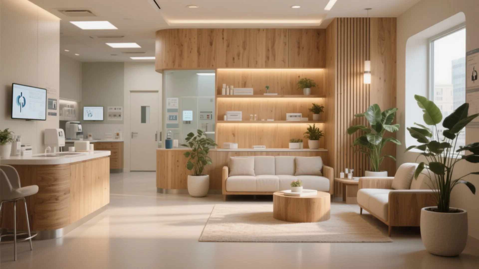 Comfortable medical clinic waiting area with wooden wall panels beige sofas green plants and rug
