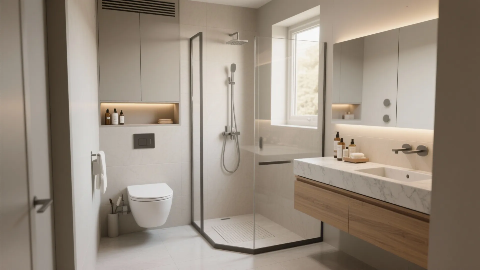 Small modern bathroom with walk in shower wooden cabinet marble sink white toilet and mirror
