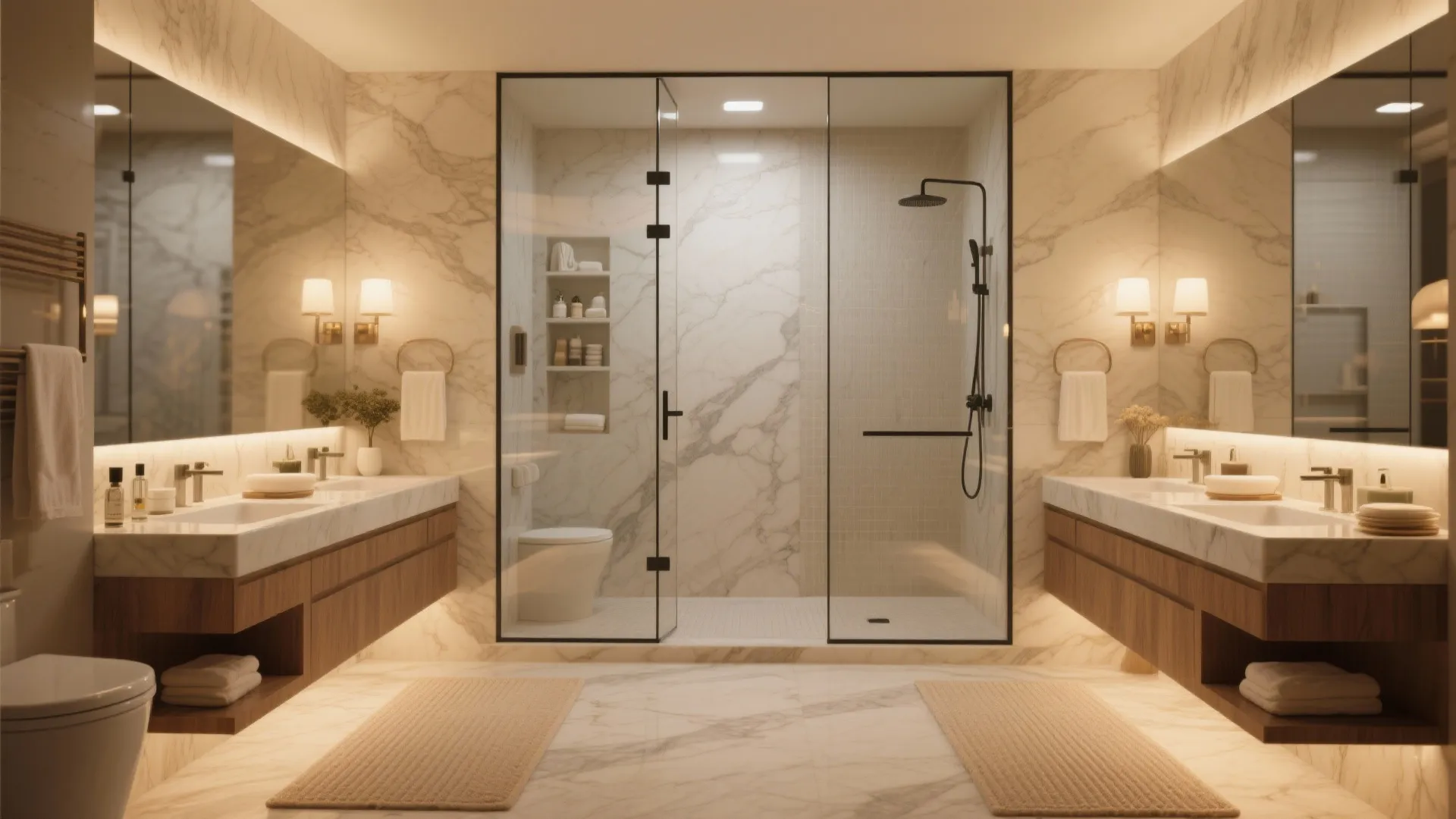 Luxury marble bathroom featuring double wood cabinets with white sinks and a large glass shower
