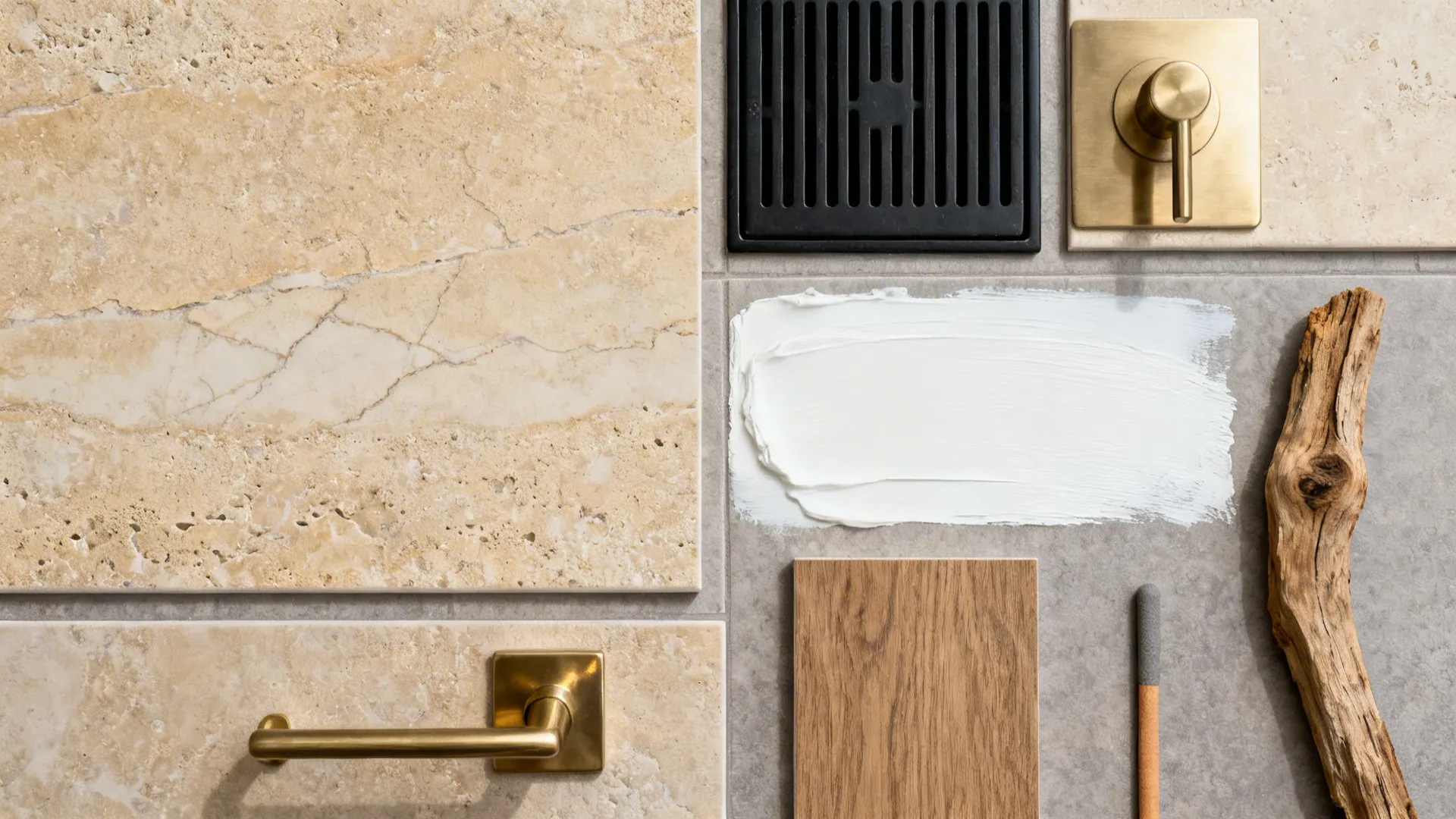 Flat-lay of stone-look porcelain, matte black drain, brass, wood, and grout samples.